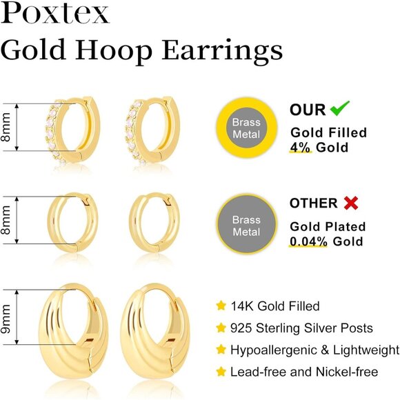 Gold Hoop Earrings Set for Women, 14K Small Huggie Earrings for Multiple Piercin - Picture 7 of 10